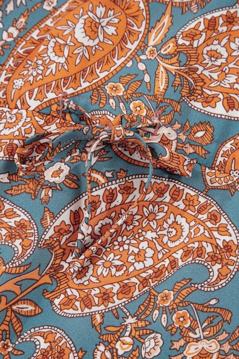 Orange Paisley Print Loose Fit Drawstring High Waist Mini Dress - Love Salve